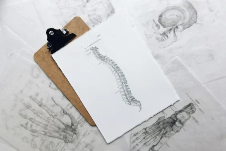 Arbeitsplatz in der Praxis Schulze-Bramey Physiotherapie mit anatomischen Zeichnungen, darunter eine detaillierte Skizze der Wirbelsäule und des Schädels. Auf einem Clip-Board liegt ein Blatt mit einer weiteren Zeichnung der Wirbelsäule.