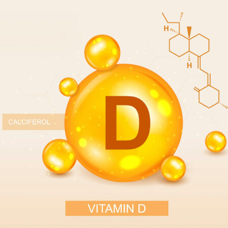 Illustration mit einem großen, leuchtenden orangefarbenen Buchstaben D, umgeben von kleineren Sphären, neben einem Diagramm der chemischen Struktur von Calciferol, beschriftet mit "Vitamin D" auf einem sanften pfirsichfarbenen Hintergrund mit einem subtilen geometrischen Muster.